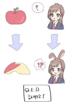 Rule 34 | !?, ?, animal ears, antenna hair, apple, apple rabbit, arrow (symbol), blazer, blush, brown hair, cropped torso, extra ears, food, food art, fruit, highres, idolmaster, idolmaster cinderella girls, jacket, nyun p11, rabbit ears, simple background, smile, spoken interrobang, spoken question mark, straight hair, surprised, tsujino akari, upper body, white background