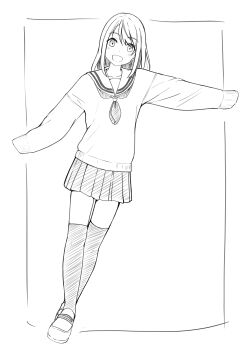 1girl absurdres border collarbone dot_nose dutch_angle head_tilt highres lineart long_sleeves looking_at_viewer neckerchief negimiso1989 open_mouth original outside_border pleated_skirt sailor_collar school_uniform serafuku shoes short_hair sidelocks simple_background skirt sleeves_past_fingers sleeves_past_wrists smile solo swept_bangs thighhighs uwabaki walking white_background