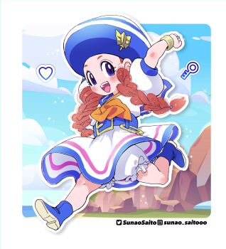 1girl :d absurdres alternate_costume arms_up artist_name bloomers blue_boots blue_eyes blue_hat blue_sky blue_trim boots border bow braid child cloud commentary_request dragon_quest dragon_quest_monsters dragon_quest_monsters_2 dress hat heart highres iguchi_yuka iru_(dq) key looking_at_viewer looking_to_the_side low_twin_braids open_mouth orange_bow orange_hair pink_trim puffy_short_sleeves puffy_sleeves rock sailor_dress sand short_sleeves sky smile solo sunao_saito twin_braids underwear water white_bloomers white_border white_dress