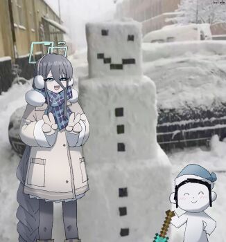 1boy 1girl :d absurdres alternate_costume aris_(blue_archive) aris_(winter)_(blue_archive) black_hair blue_archive blue_eyes blue_halo blush boots brown_coat car closed_mouth coat doodle_sensei_(blue_archive) fur-trimmed_coat fur_trim gloves hair_between_eyes halo headphones highres holding holding_shovel jacket kai_xin long_hair long_sleeves looking_at_viewer minecraft minecraft_shovel mittens motor_vehicle open_mouth pantyhose photo_background plaid_clothes plaid_scarf pleated_skirt scarf sensei_(blue_archive) shirt shoes shovel signature skirt sleeves_past_wrists smile snow snow_golem_(minecraft) snowman standing sweater v very_long_hair winter winter_clothes winter_coat