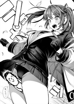 1boy 1girl between_legs black_gloves black_halo black_panties black_suit blue_archive blush breasts collared_shirt cowboy_shot doodle_sensei_(blue_archive) formal_clothes gloves greyscale hair_ornament halo highres id_card inumori_shirou jacket large_breasts leaf leg_between_thighs long_hair mechanical_halo miniskirt monochrome open_mouth panties pantyshot school_uniform sensei_(blue_archive) shirt simple_background skirt solo_focus standing suit teeth triangle_hair_ornament two-sided_fabric two-sided_jacket two_side_up underwear upper_teeth_only wind wind_lift yuuka_(blue_archive)