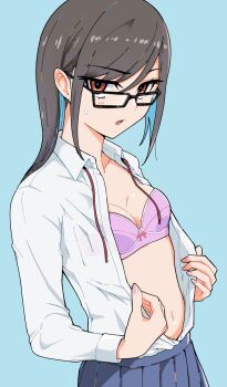 1girl bra breasts glasses grey_hair hi_iro highres long_hair looking_at_viewer navel open_clothes open_shirt orange_eyes original pink_bra skirt small_breasts solo sweatdrop underwear upper_body