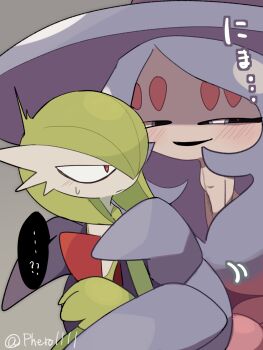 Rule 34 | ..., 2girls, a-nya, artist name, black sclera, blue hair, blue hat, blush, bob cut, colored sclera, colored skin, constricted pupils, eye contact, female focus, flat chest, gardevoir, gen 3 pokemon, gen 8 pokemon, gradient hair, green hair, green skin, grey background, hair over one eye, half-closed eyes, hand up, happy, hat, hatterene, japanese text, jitome, light blush, long hair, looking at another, looking back, motion lines, multicolored hair, multicolored skin, multiple girls, nintendo, one eye covered, open mouth, pink hair, pokemon, pokemon (creature), prehensile hair, red eyes, short hair, sidelocks, signature, simple background, smile, speech bubble, spoken ellipsis, surprised, sweat, talking, translation request, twitter username, two-tone hair, two-tone skin, very long hair, white eyes, white skin, witch hat, yuri