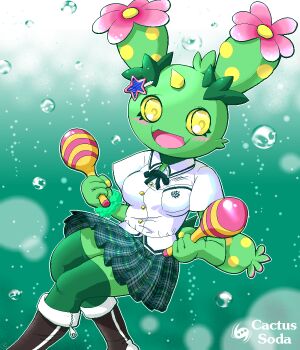 1girl blush boots bow bowtie breast_pocket breasts brown_boots bubble bubble_background cactus cactus_girl colored_sclera colored_skin fangs floating flower furry g-sun gen_5_pokemon green_background green_bow green_bowtie green_hair green_skin green_skirt green_thighhighs hair_ornament holding holding_instrument holding_maracas horns instrument kneehighs looking_at_viewer maracas maractus medium_breasts monster_girl nintendo open_mouth pink_flower plaid_clothes plaid_skirt plant_girl pocket pokemon pokemon_(creature) polka_dot school_uniform scrunchie shirt short_sleeves single_horn skirt smile socks star_(symbol) star_hair_ornament tail thighhighs white_shirt wrist_scrunchie yellow_eyes yellow_sclera