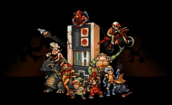 1980s_(style) 1girl 6+boys adventure_island battletoads black_mage_(final_fantasy) bodysuit capcom caveman clenched_teeth controller creature crossover demon's_crest dinosaur excitebike facial_hair final_fantasy firebrand full_body game_console game_controller gradius gun handgun hands_on_own_hips hat helmet hudson_soft jinndevil konami link makaimura mario mario_(series) master_higgins mega_man_(series) metroid motor_vehicle motorcycle multiple_boys multiple_crossover mustache nes nes_controller nintendo oldschool overalls pistol pixel_art pointy_ears rareware red_arremer red_overalls reinterpretation remake retro_artstyle samus_aran square_enix staff standing stone_axe super_mario_bros._1 tagme takahashi_meijin teeth the_legend_of_zelda vic_viper weapon zitz_(battletoads)