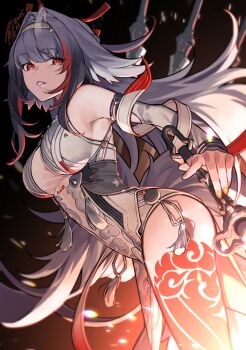 1girl armlet breasts china_dress chinese_clothes commentary_request dress droopy_ears horns horse_girl jewelry leg_tattoo medium_breasts multicolored_hair multiple_swords parted_lips red_eyes single_horn sleeveless streaked_hair sword tassel tattoo teita_(88_taho) thighs weapon white_hair ye_shunguang zenless_zone_zero