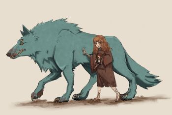 1girl animal artist_name bandaged_arm bandages barefoot blood blood_on_face blunt_bangs brown_background brown_dress commentary doll dress extra_eyes fear_&amp;_hunger_(series) fear_&amp;_hunger_1 hand_on_animal holding holding_doll knife looking_at_viewer medium_hair moonless_(fear_&amp;_hunger) orange_hair oversized_animal parted_lips solo the_girl_(fear_&amp;_hunger) vaichiicorner walking wolf