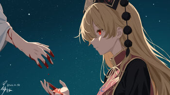 Rule 34 | 1girl, 1other, black dress, blonde hair, blood, blood drip, blood on hands, china dress, chinese clothes, closed mouth, collar, commentary request, dalachi (headdress), dress, from side, hand up, highres, iris-san, junko (touhou), long hair, looking at another, neck ribbon, night, outdoors, red eyes, red tabard, ribbon, sky, tabard, touhou, upper body