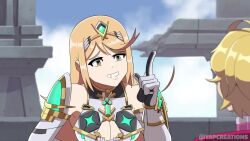 1boy 1girl animated blonde_hair blush breasts large_breasts meme mythra_(xenoblade) shulk_(xenoblade) sound tagme video yapcreations
