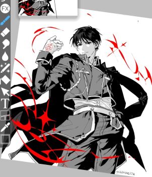 Rule 34 | 1boy, art program in frame, black coat, black hair, chlorine17x, closed mouth, coat, coat on shoulders, cowboy shot, fullmetal alchemist, gloves, hair between eyes, highres, jacket, male focus, military jacket, military uniform, monochrome, roy mustang, short hair, solo, spot color, twitter username, white background, white gloves