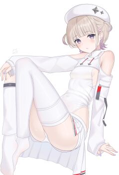 1girl absurdres beret blonde_hair clothing_cutout commentary_request covered_navel drawstring feet flat_chest gradient_hair hat highres hololive hololive_dev_is knees_up leotard leotard_under_clothes long_sleeves looking_at_viewer miniskirt multicolored_hair no_shoes official_alternate_costume parted_lips pleated_skirt purple_eyes purple_hair purple_streaks short_hair short_shorts shorts shorts_under_skirt shoulder_cutout shrug_(clothing) simple_background single_thighhigh sitting skirt socks solo streaked_hair thighhighs todoroki_hajime todoroki_hajime_(regloss_uniform) tojo_aoi two_side_up virtual_youtuber white_background white_hat white_leotard white_shorts white_shrug white_skirt white_socks white_thighhighs