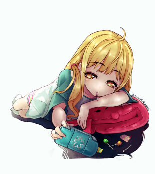 10s 1girl ahoge bad_id bad_pixiv_id bike_shorts blonde_hair candy expressionless food futaba_anzu handheld_game_console idolmaster idolmaster_cinderella_girls kimera lollipop long_hair loose_clothes loose_shirt lying messy mouth_hold on_side playing_games playstation_portable shirt socks striped stuffed_animal stuffed_toy t-shirt wrapper yellow_eyes