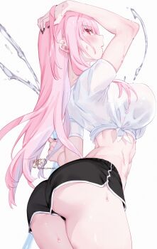 1girl absurdres artist_name ass black_nails black_shorts blush breasts dolphin_shorts fingernails hand_on_own_head highres holding hololive hololive_english kamiya_maneki large_breasts long_hair looking_back median_furrow mori_calliope nail_polish open_mouth pink_eyes pink_hair shirt short_sleeves shorts signature simple_background solo sweat thighs tied_shirt twitter_username virtual_youtuber white_background white_shirt