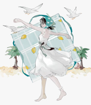 1girl aqua_headscarf barefoot bird black_hair commentary dress english_commentary food_print from_side fruit_print full_body headscarf highres lemon_print original outstretched_arms picnic_blanket sleeveless sleeveless_dress solo spread_arms sugarlisu tree white_dress