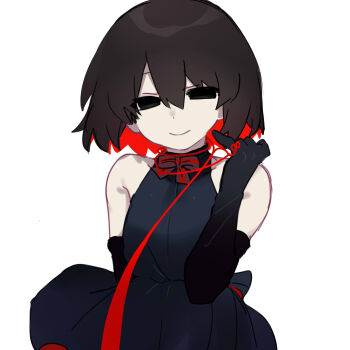 Rule 34 | 1girl, absurdres, arms behind back, bare shoulders, black dress, black eyes, black gloves, black hair, bob cut, bow, bowtie, breasts, closed mouth, colored inner hair, commentary, cowboy shot, dress, elbow gloves, empty eyes, gloves, hair between eyes, halter dress, halterneck, highres, light smile, looking at viewer, monogatari (series), multicolored hair, narrowed eyes, oshino ougi, pale skin, pinky out, red bow, red bowtie, red hair, ribbon, short hair, simple background, sleeveless, sleeveless dress, small breasts, smile, solo, standing, string, string around neck, string of fate, string on pinky, tsugumi (tgm 615486), two-sided fabric, white background