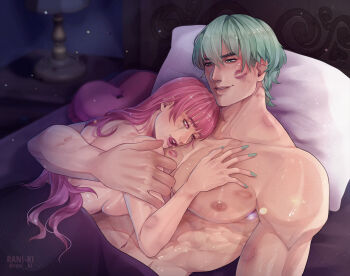 1boy 1girl aftersex alt_text arm_around_back bite_mark blush breasts commentary commission convenient_censoring fire_emblem fire_emblem:_three_houses green_hair hilda_valentine_goneril large_breasts licking_lips lipstick_mark long_hair male_byleth_(awakened)_(fire_emblem) male_byleth_(fire_emblem) nail_polish nintendo nude on_bed pink_hair rani_ki tongue tongue_out under_covers upper_body vgen_commission