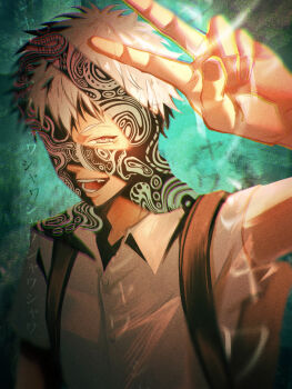 1boy absurdres backpack bag black_bag body_horror buttons collared_shirt commentary_request highres hikaru_ga_shinda_natsu horror_(theme) indou_hikaru ivi_(ibi87661274) looking_at_viewer male_focus open_mouth red_pupils shirt short_eyebrows short_hair solo teeth translation_request upper_body v white_hair white_shirt