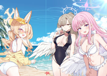 3girls angel_wings animal_ear_fluff animal_ears bare_arms bare_shoulders bikini black_one-piece_swimsuit blue_archive blush bracelet breasts brown_eyes brown_hair choker cleavage closed_eyes closed_mouth commentary_request eyewear_on_head feathered_wings fox_ears frilled_bikini frills halo halterneck highres jewelry large_breasts long_hair looking_at_viewer low_wings mika_(blue_archive) mika_(swimsuit)_(blue_archive) multiple_girls nagisa_(blue_archive) nagisa_(swimsuit)_(blue_archive) navel official_alternate_costume official_alternate_hairstyle one-piece_swimsuit open_mouth palm_tree pink_hair pink_halo seia_(blue_archive) seia_(swimsuit)_(blue_archive) smile stomach sunglasses swimsuit tea_party_(blue_archive) tree very_long_hair wei_qian_mo_he white_bikini white_choker white_one-piece_swimsuit white_wings wings yellow_eyes yellow_halo