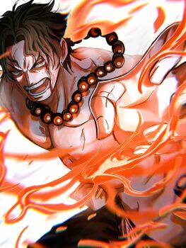 Rule 34 | 1boy, black hair, blood, blood on face, commentary request, fire, freckles, highres, jewelry, male focus, necklace, one piece, open mouth, pearl necklace, pepasenpai toto, portgas d. ace, short hair, solo, topless male