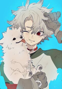 1boy aqua_background closed_mouth dog gachiakuta gloves grey_gloves grey_hair hand_up highres one_eye_closed parted_bangs red_eyes rudo_surebrec simple_background smile solo upper_body yuumewu