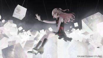 1girl bare_shoulders black_dress black_socks boots closed_mouth commentary_request copyright_name dress full_body girls_revolution_project grey_boots grey_hair hair_between_eyes hand_up high_heels kamitsubaki_studio looking_to_the_side multicolored_dress multicolored_hair multicolored_socks nekoreito official_art orihime_(girls_revolution_project) pink_hair red_dress red_socks red_streaks sitting sleeveless sleeveless_dress socks solo two-tone_dress two-tone_hair two-tone_socks