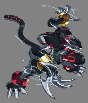 Rule 34 | 1boy, absurdres, claws, commentary, electricity, english commentary, grey background, highres, humanoid robot, male focus, mega man (series), mega man zero (series), mega man zero 2, non-humanoid robot, panter flauclaws (mega man), pillar buster, red eyes, robot, robot animal, simple background, solo