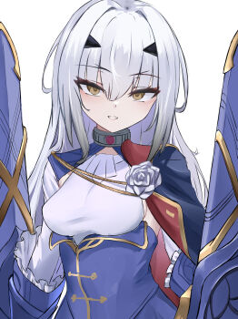 Rule 34 | 1girl, absurdres, aiguillette, blue cape, blue dress, blush, breasts, cape, dress, fairy sword arondight, fate/grand order, fate (series), flower, forked eyebrows, gold trim, grin, highres, long hair, long sleeves, looking at viewer, melusine (fate), melusine (second ascension) (fate), rose, sidelocks, small breasts, smile, solo, white flower, white hair, white rose, yellow eyes, yugusan5