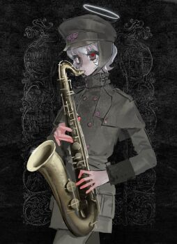 1girl androgynous black_background black_eyes buttons cowboy_shot halo hat highres holding holding_instrument instrument jacket long_sleeves looking_at_viewer military_hat military_uniform music original playing_instrument red_eyes red_pupils short_hair solo weakbat white_hair
