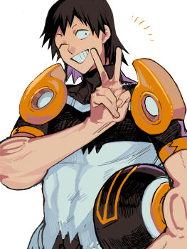 1boy a_nzi_end absurdres black_hair boku_no_hero_academia carrying carrying_under_arm commentary_request grin helmet highres holding holding_unworn_helmet looking_at_viewer male_focus one_eye_closed sero_hanta short_hair simple_background smile solo unworn_headwear unworn_helmet v white_background