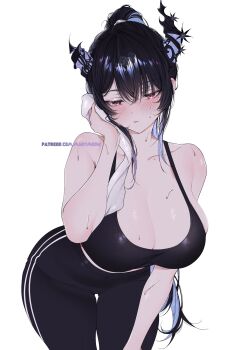 1girl asymmetrical_horns bare_shoulders black_hair black_pants black_sports_bra blue_hair blush breasts cleavage commentary demon_horns double_vertical_stripe exercising eyelashes highres hololive hololive_english horns huge_breasts long_hair looking_at_viewer mole mole_under_eye multicolored_hair nerissa_ravencroft nyanyaqwi pants patreon_username ponytail red_eyes simple_background solo sports_bra sweat sweatdrop sweatpants symbol-only_commentary uneven_horns virtual_youtuber white_background