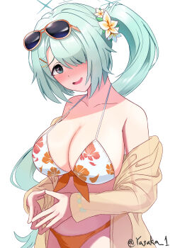 1girl absurdres aqua_eyes aqua_hair aqua_halo bare_shoulders bikini blue_archive blush breasts cleavage commentary_request eyewear_on_head floral_print floral_print_bikini flower hair_flower hair_ornament hair_over_one_eye halo highres hiyori_(blue_archive) hiyori_(swimsuit)_(blue_archive) jacket large_breasts looking_at_viewer official_alternate_costume official_alternate_hairstyle open_clothes open_jacket open_mouth orange_bikini partial_commentary print_bikini side_ponytail solo steepled_fingers sunglasses swimsuit white_bikini white_flower yasaka_(rwrk4222) yellow_jacket