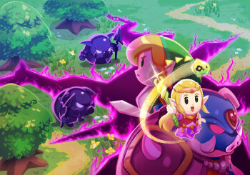 1girl 2boys blonde_hair chibi circlet flower ganon grass green_hat hat highres holding holding_staff holding_sword holding_weapon link multiple_boys nintendo open_mouth outdoors path pepa_blackman pointy_ears princess_zelda road staff sword the_legend_of_zelda the_legend_of_zelda:_echoes_of_wisdom tree tri_(zelda) tri_rod tusks weapon yellow_flower