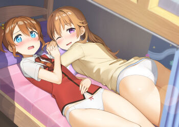 2girls :o apollo_(hu_maple) ass bed beige_jacket blue_eyes blush bow bow_panties brown_hair bunk_bed collar collared_shirt curtains hair_between_eyes hair_bow highres implied_incest indoors konoe_haruka konoe_kanata long_hair looking_at_viewer love_live! love_live!_nijigasaki_high_school_idol_club lying multiple_girls necktie no_pants on_back on_bed on_stomach one_eye_closed open_mouth panties pillow poster_(object) purple_eyes red_bow red_vest school_uniform shirt short_sleeves siblings side_ponytail sidelocks sisters teeth thighs underwear upper_teeth_only vest white_collar white_panties white_shirt yellow_bow