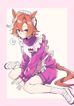 1girl ? amano_(amano_miko) animal_ears apron blush breasts commentary_request frilled_apron frills hair_between_eyes highres horse_ears horse_girl horse_tail jacket jersey_maid long_sleeves looking_at_viewer maid maid_apron maid_headdress orange_hair orange_tail purple_eyes purple_jacket purple_shorts shoes short_hair shorts sitting socks solo speech_bubble spoken_question_mark t.m._opera_o_(umamusume) tail track_jacket umamusume unconventional_maid wariza white_apron white_headdress white_socks