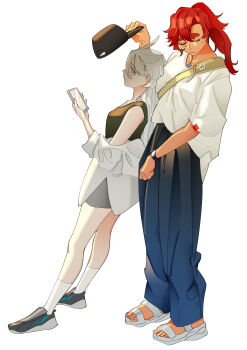 2girls absurdres bag baseball_cap black_footwear black_hat black_tank_top blue_pants blush closed_eyes closed_mouth commentary_request grey_skirt gundam gundam_suisei_no_majo hat highres holding holding_unworn_clothes holding_unworn_hat jacket korean_commentary long_hair miorine_rembran multiple_girls off_shoulder pants red_hair sandals shirt shoes shoulder_bag simple_background skirt snapagi sneakers socks suletta_mercury sweatdrop tank_top thick_eyebrows unworn_hat unworn_headwear watch white_background white_footwear white_hair white_jacket white_shirt white_socks wristwatch