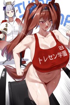 2girls animal_ears bare_shoulders blush breasts brown_hair cleavage daiwa_scarlet_(umamusume) exercising gold_ship_(umamusume) hair_intakes highres horse_ears horse_girl horse_tail huge_breasts jogging long_hair monkey_jon multiple_girls navel open_mouth panties purple_eyes red_eyes red_panties running sweat tail treadmill twintails umamusume underwear whistling white_hair