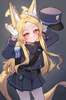 1girl animal_ear_fluff animal_ears armband arms_up blonde_hair blue_archive blue_hat blue_jacket blue_skirt blush closed_mouth cosplay flower forehead fox_ears fox_girl fox_tail gloves grey_background halo hat highres hikari_(blue_archive) hikari_(blue_archive)_(cosplay) holding holding_unworn_clothes holding_unworn_hat jacket long_hair looking_at_viewer miya_(miyaruta) pantyhose parted_bangs pleated_skirt red_eyes seia_(blue_archive) shako_cap simple_background skirt solo standing tail unworn_hat unworn_headwear very_long_hair white_flower white_gloves white_pantyhose yellow_halo