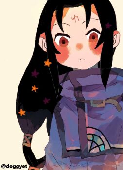 1boy black_hair capelet closed_mouth doggyet facial_mark fire_emblem fire_emblem:_path_of_radiance forehead_mark highres long_hair male_focus nintendo red_eyes simple_background solo soren_(fire_emblem) soren_(isolated_strategist)_(fire_emblem) twitter_username