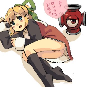 1girl 1other artist_request ass backbeard black_socks blonde_hair blue_eyes blush_stickers capcom character_request cleft_of_venus creature dress female_focus gegege_no_kitarou green_ribbon hair_ribbon kneehighs kono_lolicon_domome legs_together loli long_sleeves looking_at_viewer lowres lying mega_man_(classic) mega_man_(series) meme no_panties no_shoes on_side open_mouth pussy red_dress ribbon robot roll_(mega_man) short_dress simple_background single_eye sleeves_past_wrists socks solo translated white_background