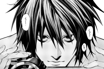 1boy bags_under_eyes camera closed_mouth commentary death_note greyscale hair_between_eyes holding holding_camera l_(death_note) male_focus monochrome ruttika_shin short_hair simple_background solo white_background
