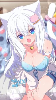 1girl absurdres animal_ear_fluff animal_ears bell between_legs blue_camisole blue_eyes blush bow breasts camisole cat_ears cat_girl cat_hair_ornament cat_tail cleavage collar commentary double-parted_bangs fang feet_out_of_frame female_masturbation hair_between_eyes hair_ornament hairclip hand_between_legs hand_on_own_thigh highres indie_virtual_youtuber knees_together_feet_apart large_breasts long_hair looking_at_viewer masturbation neck_bell nose_blush on_bed open_mouth sex_toy shiro9jira shirt sidelocks sitting skin_fang solo steaming_body surprised sweat tail tail_bow tail_ornament tears trembling very_long_hair vibrator virtual_youtuber walk-in white_collar white_hair white_shirt