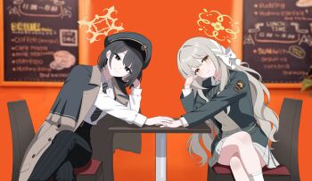 2girls absurdres bare_legs belt black_eyes black_hair black_pants blonde_hair blue_archive bow bowtie chair chalkboard closed_mouth coat commentary_request green_halo green_shirt hair_ribbon halo hat head_on_hand head_tilt highres hiromi_(blue_archive) indoors long_hair looking_at_viewer miyo_(blue_archive) multiple_girls necktie overcoat pants peaked_cap ribbon shirt short_hair skirt smile striped_bow striped_bowtie striped_clothes striped_necktie striped_pants sweat table white_bow white_shirt white_skirt yellow_eyes yellow_halo yude13b