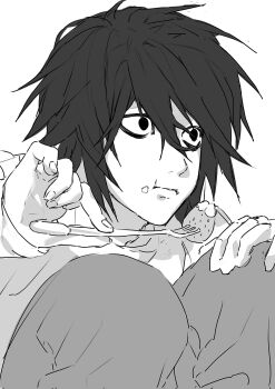 1boy bags_under_eyes ban0ja_1 black_eyes black_hair chewing death_note food food_on_face fork fruit greyscale hair_between_eyes highres holding holding_fork hugging_own_legs l_(death_note) male_focus monochrome no_eyebrows shirt short_hair solo strawberry upper_body white_background white_shirt