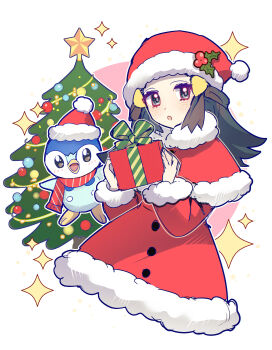 1girl :o absurdres alternate_costume black_eyes black_hair blush box capelet christmas_tree commentary dawn_(pokemon) dress gen_4_pokemon gift gift_box hair_ornament hairclip hat highres holding holding_box holding_gift long_hair nintendo open_mouth piplup pokemon pokemon_(creature) pokemon_dppt red_capelet red_dress red_hat santa_costume santa_dress santa_hat shocho_(shaojiujiu) symbol-only_commentary