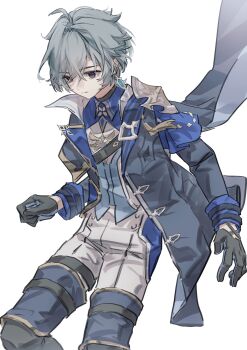 Rule 34 | 1boy, armor, black gloves, blue coat, blue gem, blue hair, boots, closed mouth, coat, collared shirt, commentary, feet out of frame, gem, genshin impact, gloves, grey eyes, highres, kiiro ryo, lohen (genshin impact), long sleeves, male focus, open clothes, open coat, pants, parted bangs, pauldrons, shirt, short hair, shoulder armor, simple background, single pauldron, sleeve cuffs, solo, untranslatable commentary, white background, white pants, wing collar