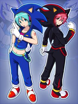 2girls absurdres alternate_costume belt black_jacket blue_background blue_jacket cosplay cowboy_shot cropped_jacket drill_hair gloves hand_up hatsune_miku hatsune_miku_(cosplay) hatsune_miku_(sonic_style) highres hood hooded_jacket index_finger_raised jacket kasane_teto looking_at_viewer midriff multiple_girls navel number_tattoo official_alternate_costume pants project_diva_(series) project_diva_extend realshadowfan01 recursive_cosplay red_belt red_hair shadow_the_hedgehog shadow_the_hedgehog_(cosplay) simple_background sleeveless sleeveless_jacket sonic_(series) sonic_the_hedgehog sonic_the_hedgehog_(cosplay) sweatpants tattoo twin_drills utau vocaloid white_gloves