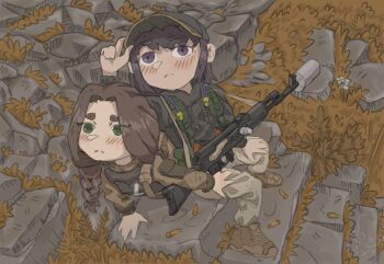 ak-74m assault_rifle brown_hair facing_up grass green_eyes gun gun_sling highres holding holding_gun holding_weapon kalashnikov_rifle long_hair looking_up mr_banzai original path rifle road side_ponytail sitting sitting_on_person stepping_stones weapon