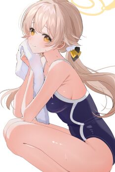 1girl absurdres blonde_hair blue_archive blue_one-piece_swimsuit breasts closed_mouth commentary double-parted_bangs from_side hair_between_eyes hair_flaps halo hifumi_(blue_archive) highres holding holding_towel long_hair looking_at_viewer low_twintails medium_breasts one-piece_swimsuit school_swimsuit shusuchii sideboob simple_background smile solo squatting swimsuit symbol-only_commentary towel twintails white_background yellow_eyes yellow_halo