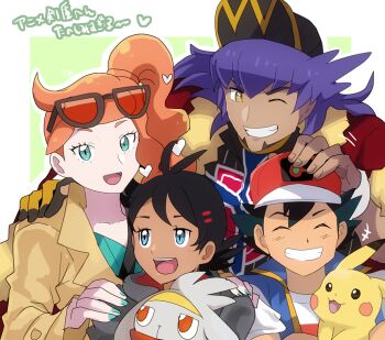 1girl 3boys ash_ketchum baseball_cap black_hair black_headwear blue_eyes blue_vest brown_coat closed_eyes coat dark_skin eyewear_on_head facial_hair gen_1_pokemon gen_8_pokemon goatee goh_(pokemon) green_eyes hair_ornament hand_on_head hand_on_shoulder hat heart heart_hair_ornament japanese_text leon_(pokemon) long_hair looking_at_viewer multiple_boys nail_polish nintendo one_eye_closed orange_hair pikachu pokemon pokemon_(anime) pokemon_(creature) pokemon_journeys purple_hair raboot red_headwear rem_(eyes_410) short_hair side_ponytail smile sonia_(pokemon) upper_body vest white_background wristband yellow_eyes