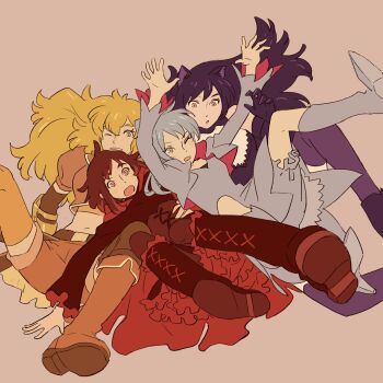 4girls 55bata6rou animal_ears arms_up black_hair blake_belladonna blonde_hair boots cat_ears dress falling grey_boots grey_dress grey_jacket highres jacket knee_boots long_hair looking_at_another looking_at_viewer multiple_girls navel one_eye_closed open_mouth orange_shorts purple_thighhighs red_hair ruby_rose rwby shoe_soles short_hair shorts simple_background thighhighs weiss_schnee yang_xiao_long